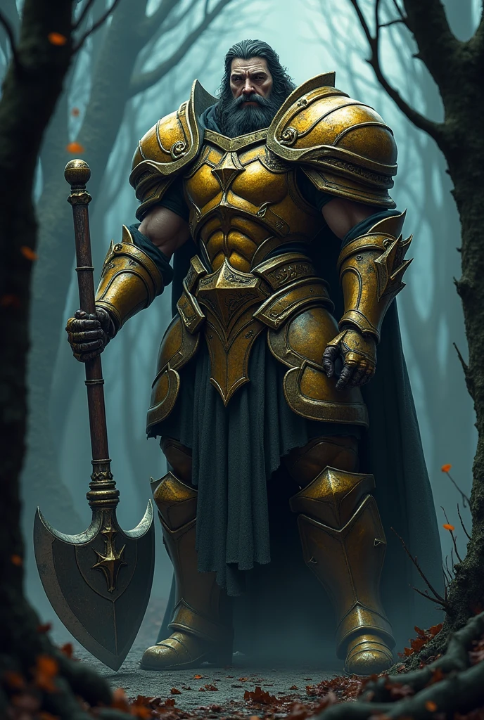 A tall strong and big man with a gold darks souls type armor and a colossal gold axe Take off his helmet and put him at night in a scary forest sitting