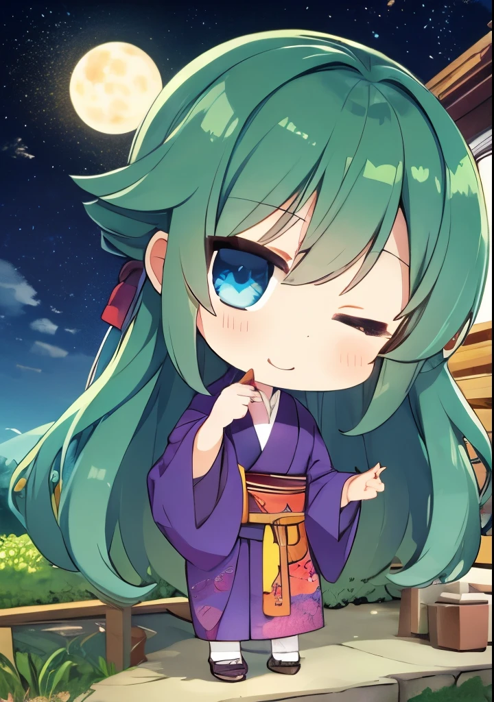 Blue eyes, dark green hair, dark green hair color, voluminous dark green hair, voluminous dark green hair, long straight hair, plain purple kimono. Both eyes closed, eyes closed, dressed like a basilisk ovolo, Plain purple kimono, visible from face to knees. Voluminous dark green hair, Jet black night sky, big red full moon in the sky Big red full moon in the sky, In front of the house, in front of the house Both eyes closed Standing pose Big red moon, moonlight, focus on face, fresh smile, big droopy blue eyes