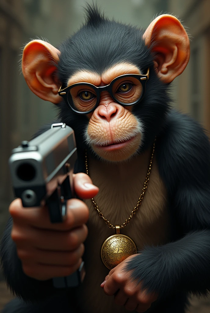 monkey in heand gun and  specs with locket and gold gold chain

