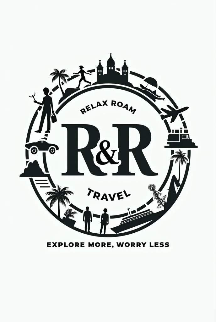 Make me the logo of RELAX & ROAM TRAVEL with a slogan of EXPLORE MORE, WORRY LESS with their combination letters, in a circle with anchor, travelers, cruise, airplane, tour guides, bus, with a exaggerated design but basic and elegant 