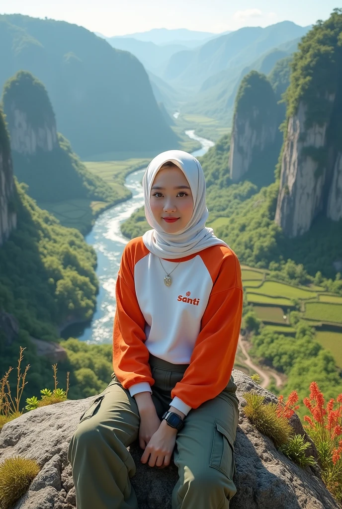 Beautiful Korean girl, smooth white skin, well-groomed face, faint smile, two-color hijab makes one (white)(orange), three-color knit shirt makes one (white) (orange)(red), SANTI logo motif, brown cargo pants , cool black watch, posing, sitting on the top of a very high mountain, with very beautiful detailed views, background from the top of the river flowing fast from the waterfall... Trees, green and wide rice fields, cliffs covered with moss and flowers beautiful flowers, original photos, realistic