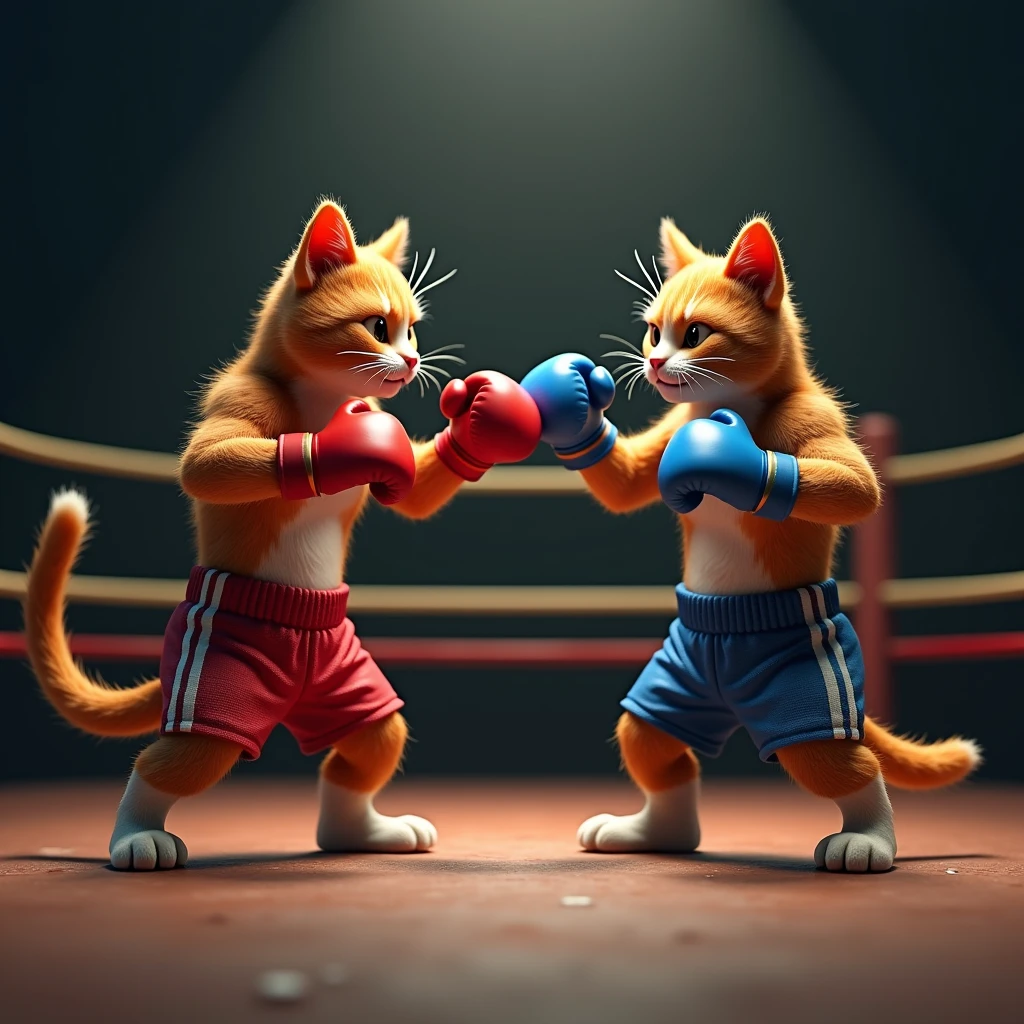 Wearing boxer shorts with the ring in the background、Realistic image of two 3D cats fighting in a boxing match