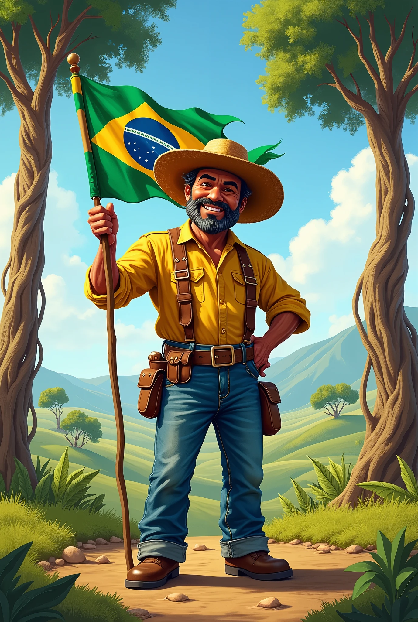Mascot with the slogan “Cajuina Figueiredo”. The mascot will be a country man in traditional costume., holding a flag. The background is a Brazilian landscape with several cashew trees..