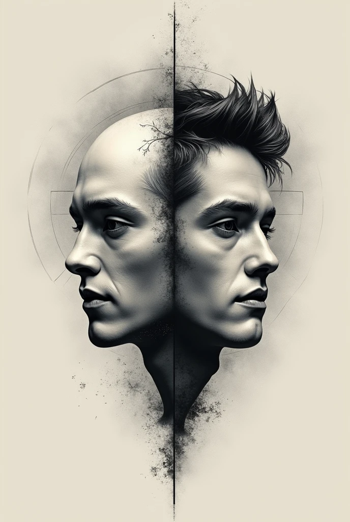 Gemini tattoo 2 expressionless faces of a man looking at opposite sides and directions representing opposites ice and fire