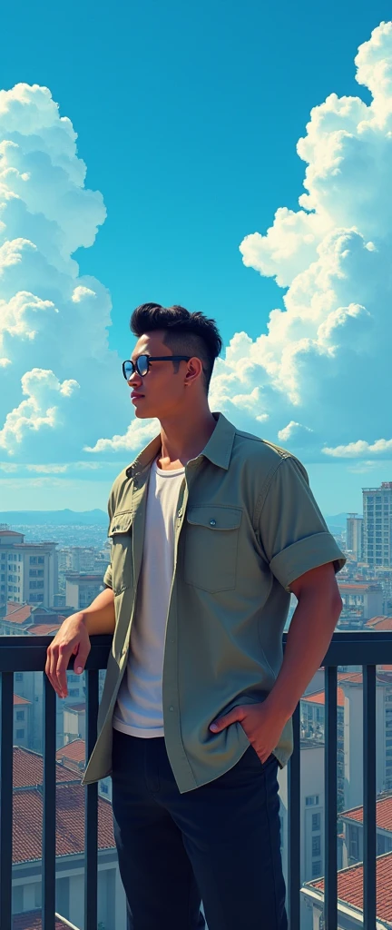 Young Indonesian man, short hair in old Mandarin style, Athletic body, broad chest with muscular bicepswearing glasses, wearing modern casual shirt, standing on apartment balcony with view of rooftops and buildings, bright blue clouds in the sky
