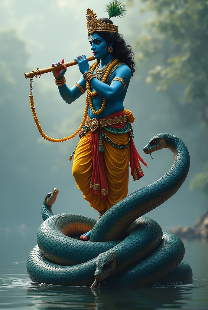 Krishna ji standing on a seshnaag head and playing a fluit