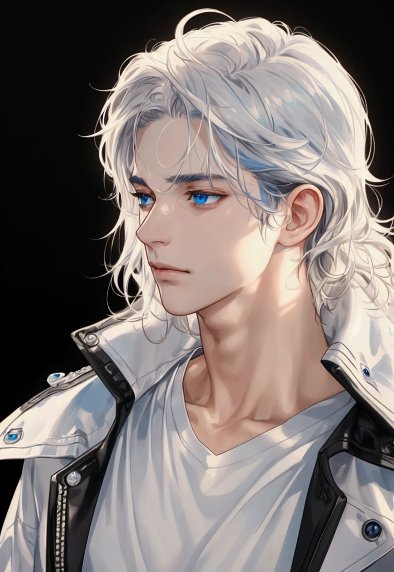 (masterpiece, High resolution, Ultra-detailed:1.0), (1male, male face), Perfect male body, adult male, Delicate eyes and delicate face, Extremely detailed CG, complicated details, detailed face, (by white, blue eyes, messy hair, calm face, White T-shirt, black leather jacket), simple background, color difference, depth of field, dramatic shadow, ray tracing, Best Quality, cinematic lighting, official art, profile portrait.