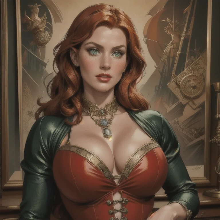 A steampunk-style retro female elf, long curly red hair, green eyes, freckles, thin lips, wearing 19th century steampunk-style clothes, large bust and hips, (best quality,4k,8k,highres,masterpiece:1.2),ultra-detailed,(realistic,photorealistic,photo-realistic:1.37),intricate details,highly detailed face,vivid colors,complex background,dramatic lighting,cinematic style