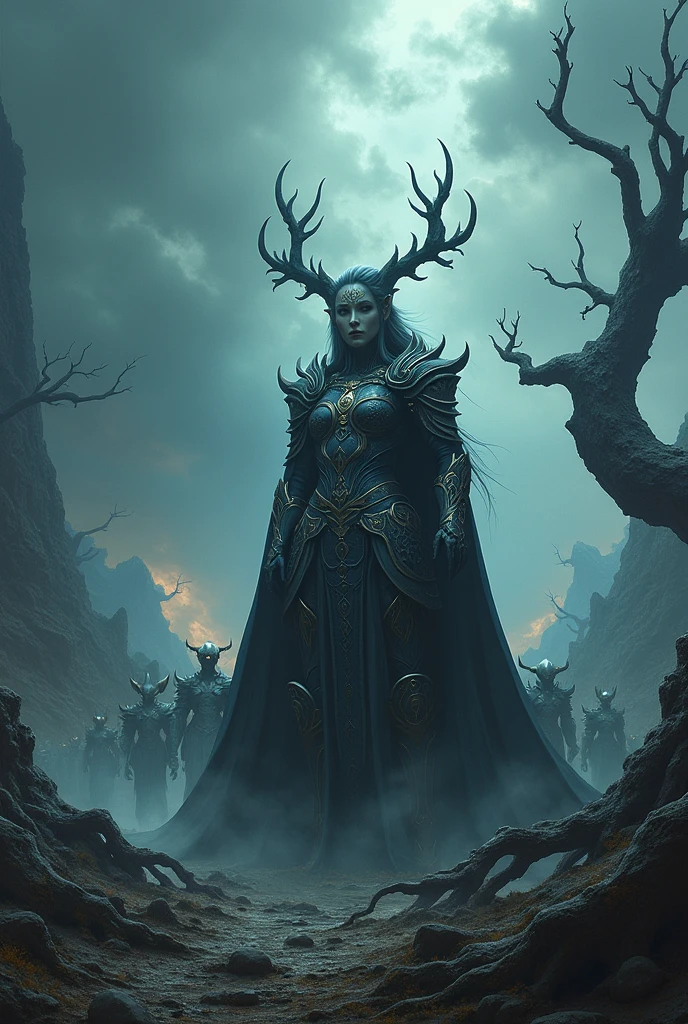 a landscape picture of beautiful queen of helheim hela commanding her undead soldier to storm the midgard