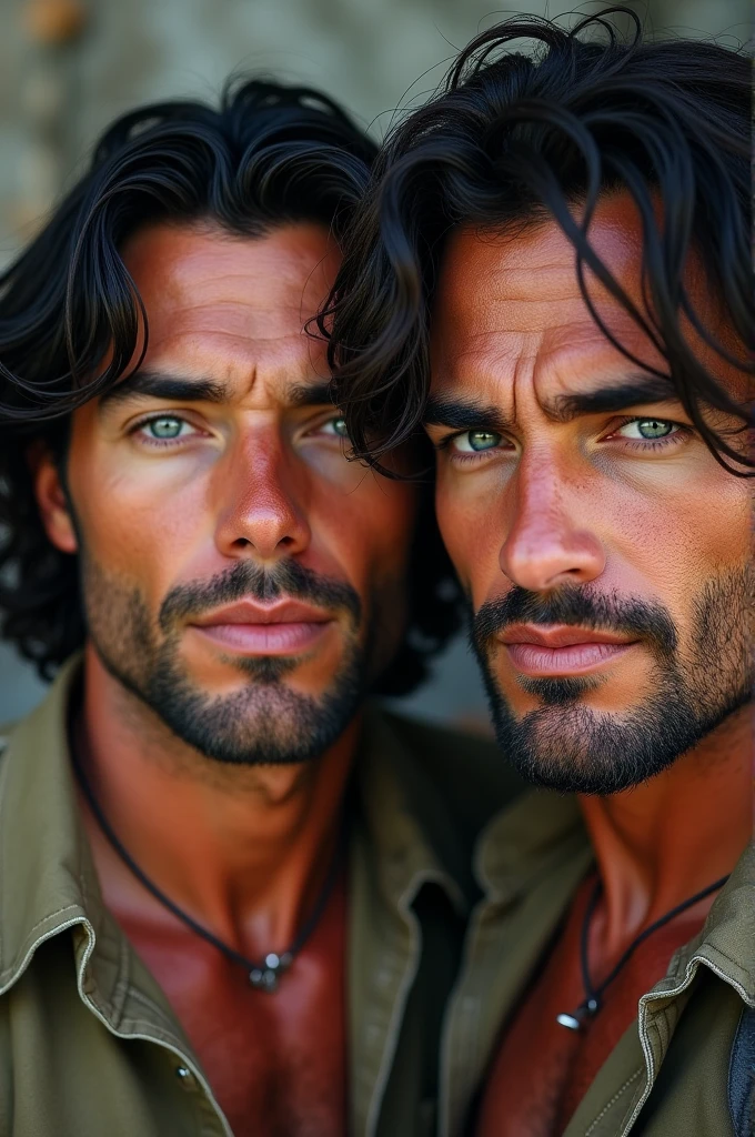 2 Australian male with neck length wavy black hair with light grey eyes