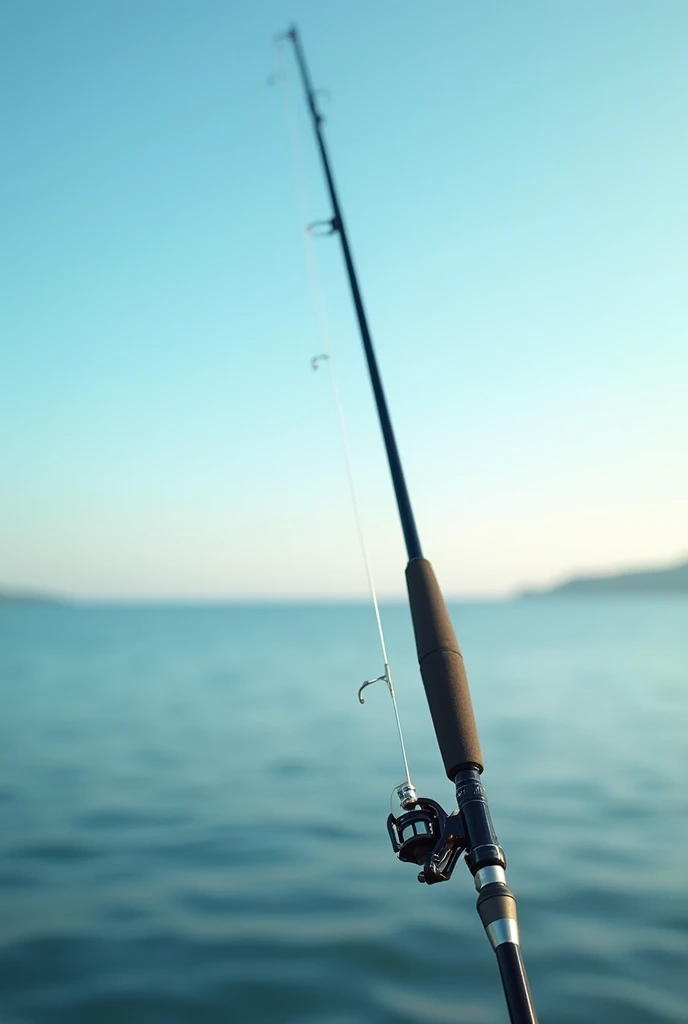 clear sky, sea background, Close up of a fishing rod on a boat