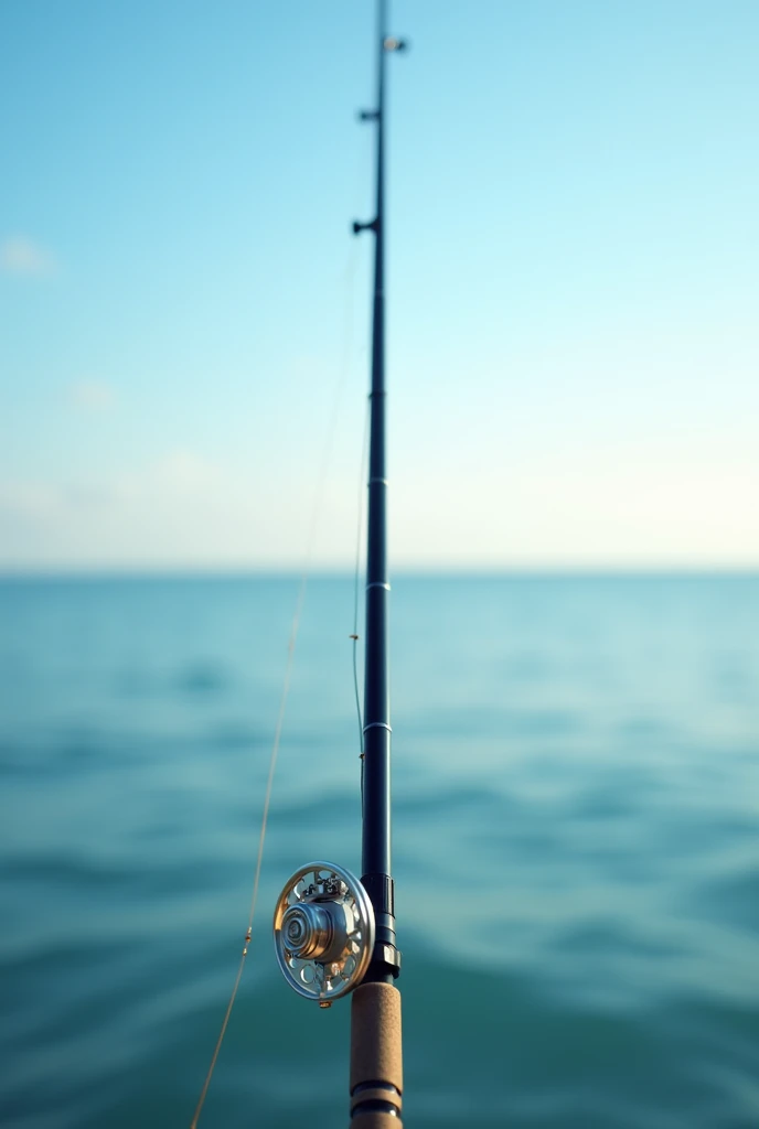 clear sky, sea background, Close up of a fishing rod on a boat