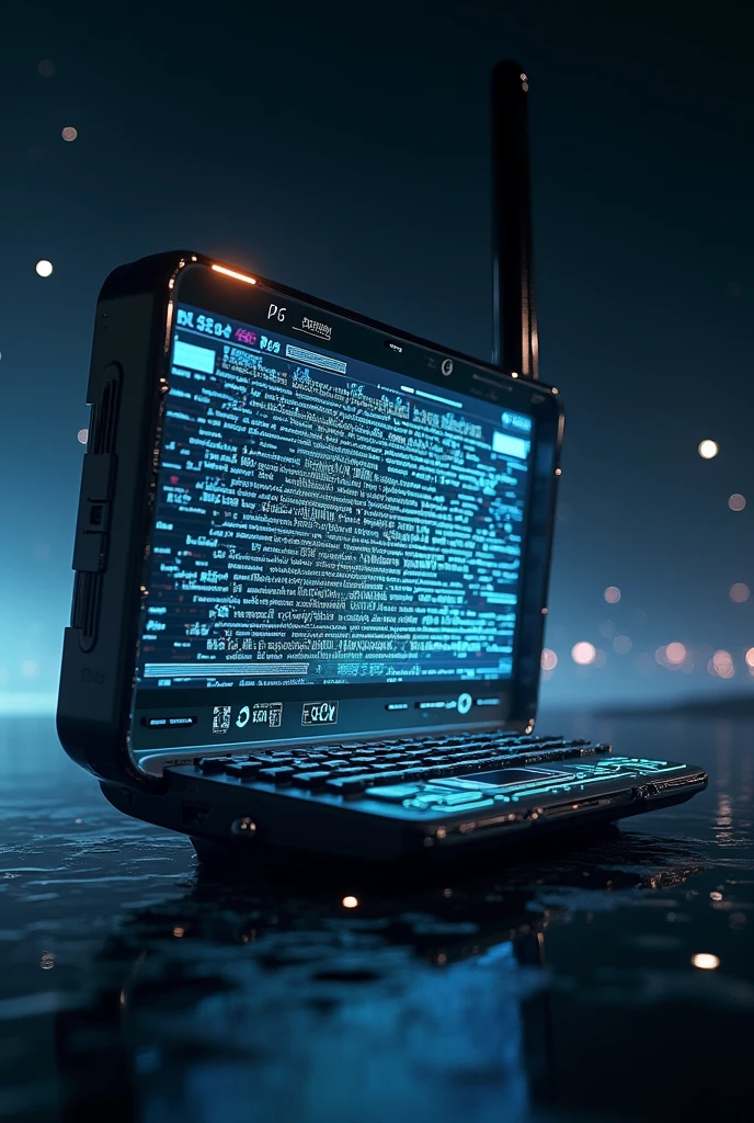 Depict a futuristic communication device or screen displaying a complex, encrypted message. The transmission should be filled with distorted text, alien glyphs, or static interference. The device itself could be sleek and advanced, with glowing lights and digital effects. The background could be a dark, space-themed setting, with distant stars or a deep void in the distance.