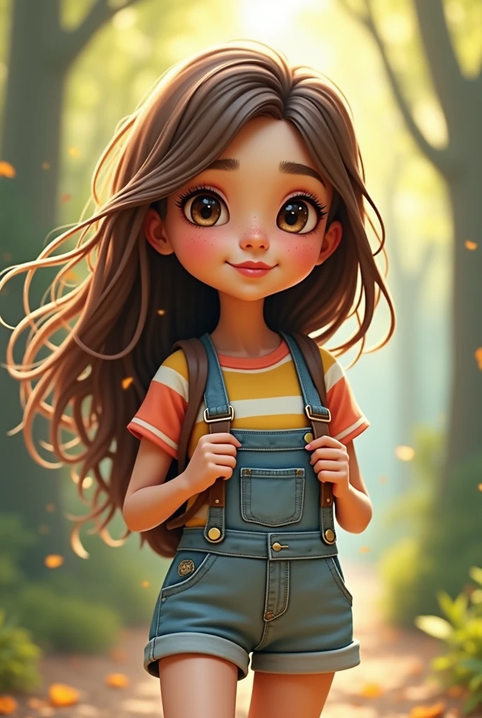 Create image of a  adulta with long brown hair without bangs and straight ,eyes browns , slim, white and with freckles on her face, wearing shorts and a colorful t-shirt and a backpack on his back . Create a beautiful girl, maiden, , slightly wavy, small almond-shaped brown eyes, elongated face, slightly full and pink lips, wears denim overalls and a t-shirt underneath