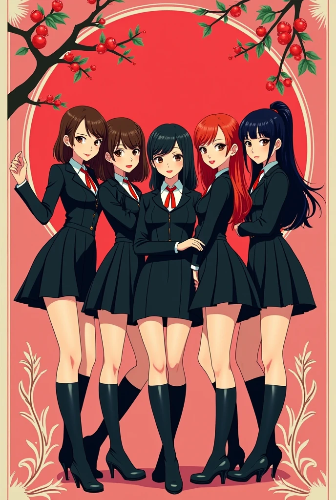 Create an image of a kpop group with five members from the back, one with dark brown hair, another with light brown hair,another redhead,another one with black hair, and another with black hair tied back. The group is called blackcherry, Its concept is black and red cherries and its representative colors are black and red., The group has a retro concept, soft y girl crush ( The image must be animated cartoon and poster style)