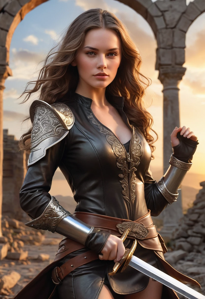 warrior woman sword in hand brunette fair skin wavy hair (fully body) from head to toe realism richness of detail realistic hands five fingers leather clothing worked with details ruins behind sun setting behind