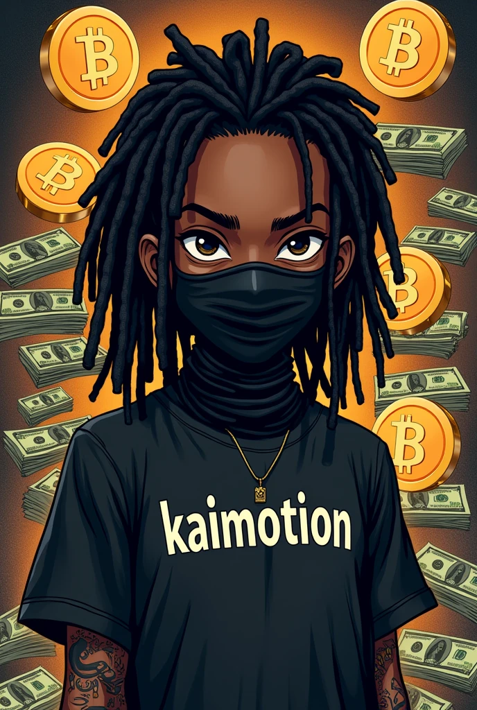 Dark skin cartoon character with a black ski mask with dreads and a shirt that’s says KaiMotion on it with tattoos money and bitcoin around him with a masion
