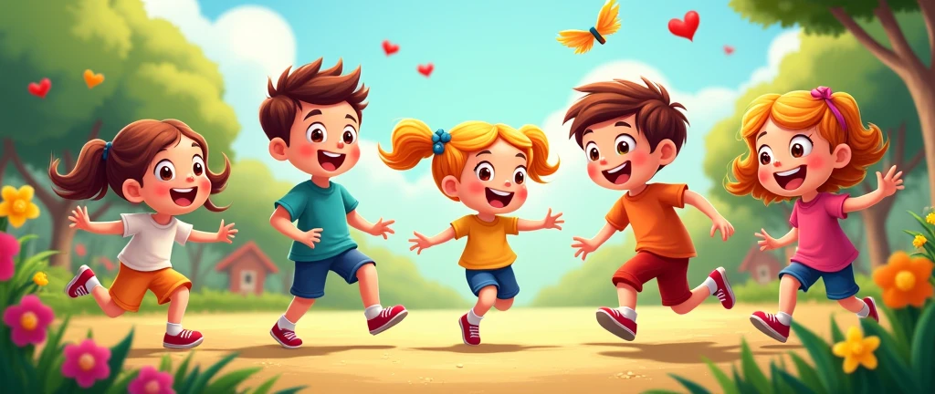 have sun, kindergarten, pupils playing at playground,flower,colorful color pencil. have space to write "BAKAM KINDERGARTEN"