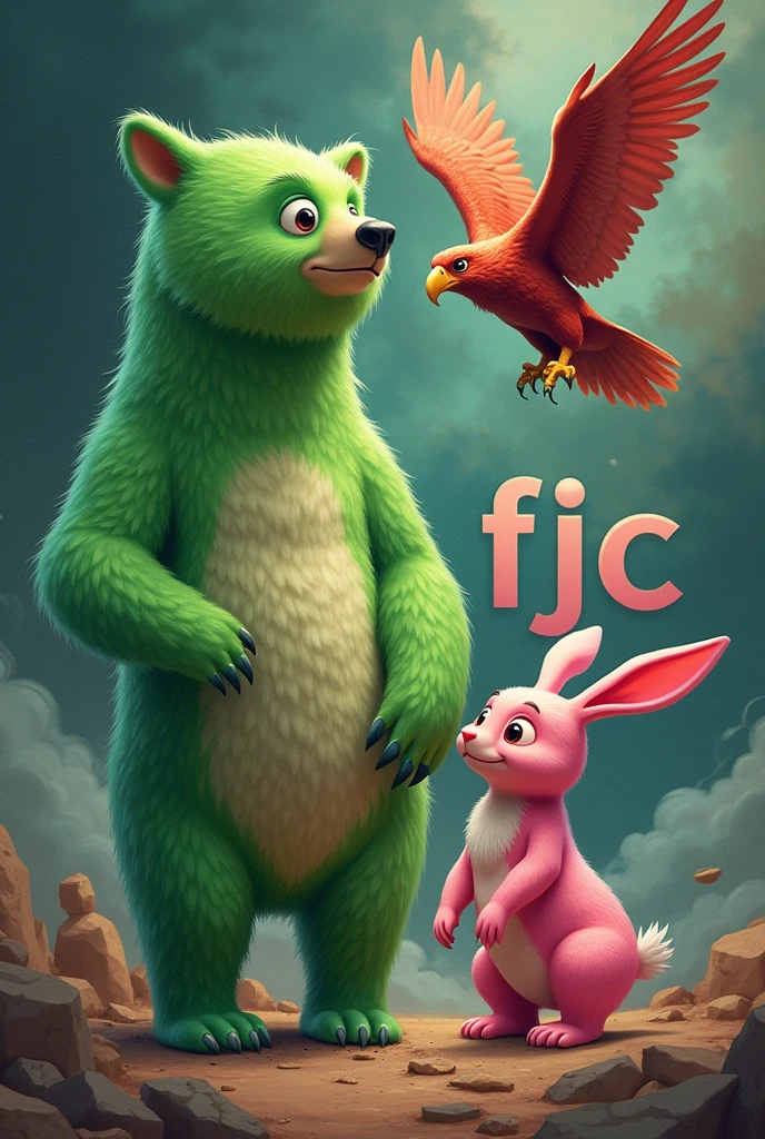 make me a picture with a green bear, a pink rabbit and a red eagle written FJC in bold and italics And put Jair Bolsonaro in the background