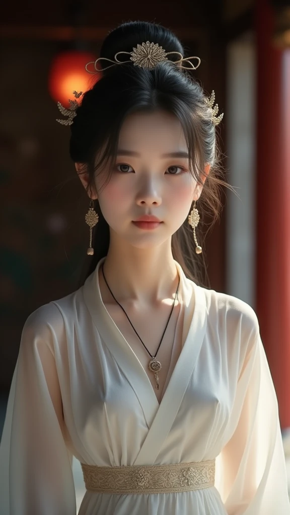 ((No NSFW)), best quality, masterpiece, highres, 1girl, china hanfu, chinese architect background, hair ornament, necklace, jewelry, Beautiful face, full body, tyndall effect, photorealistic, dark studio, rim lighting, two tone lighting, (high detailed skin:1.2), 8k uhd, dslr, soft lighting, high quality, volumetric lighting, candlelight, dark reflections, shadow not dark, highkey, Photograph, high resolution, 4k, 8k, Bokeh. From front, upper body cowboy shot of female model girl around 21-2. Female model girl is wearing china hanfu that is classic traditional clothing of Tang Dynasty period and white color and ancient oriental lone robe and made of very sheer and transparent silk so very see through bare skin, wearing nothing under her china hanfu, with closed her chest by her china hanfu, with all back covered by her china hanfu.