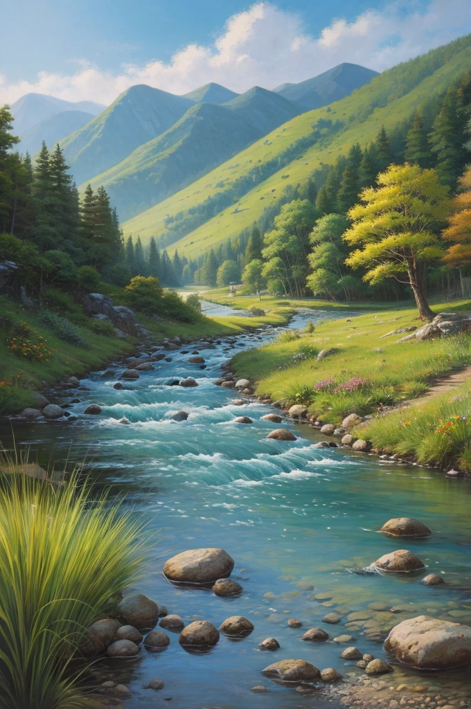 Gentle mountain stream、Landscape painting、