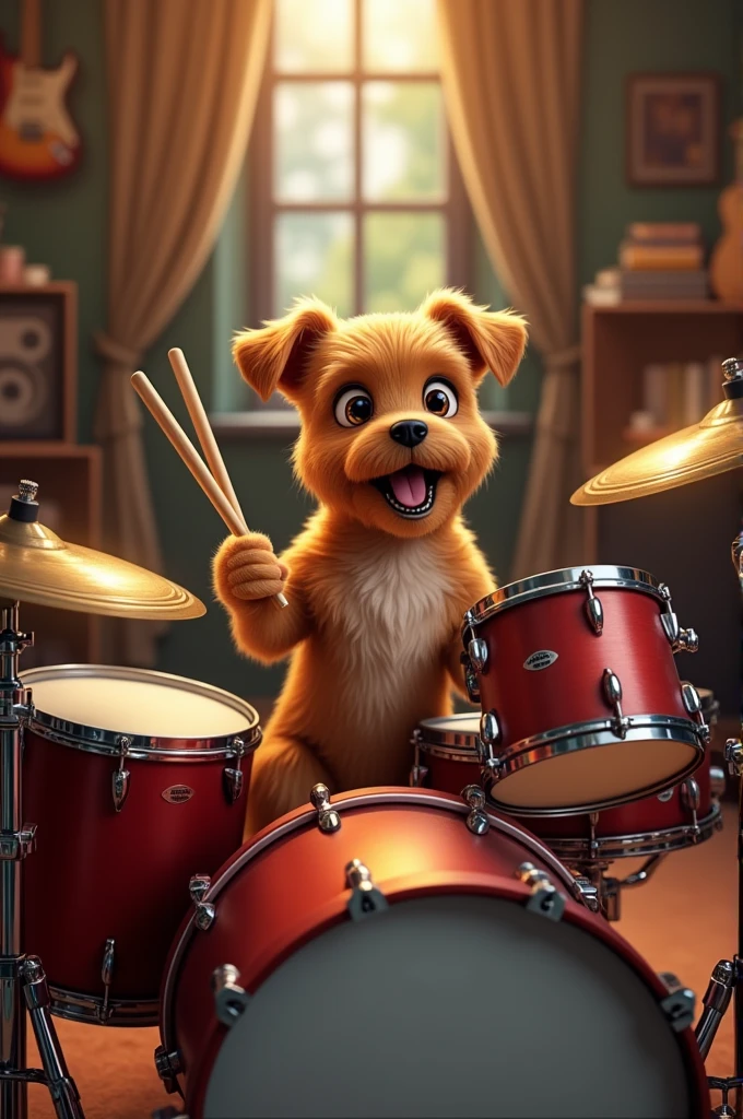 dog playing drums and wearing sunglasses, photorealistic  unreal engine, dynamic lighting, high detail, 4k, artstation, concept art, octane render, wide angle lens, shallow depth of field, 8k, highly detailed, hyper realistic, in the style of Chris Calebignski and Jorge Jim Kay and Mike Savicke, 8k, matte painting, ray tracing, intense atmosphere, detailed and intricate, ornate, cinematic lighting, 4k, hyper realistic, super detailed, realistic, cinematic