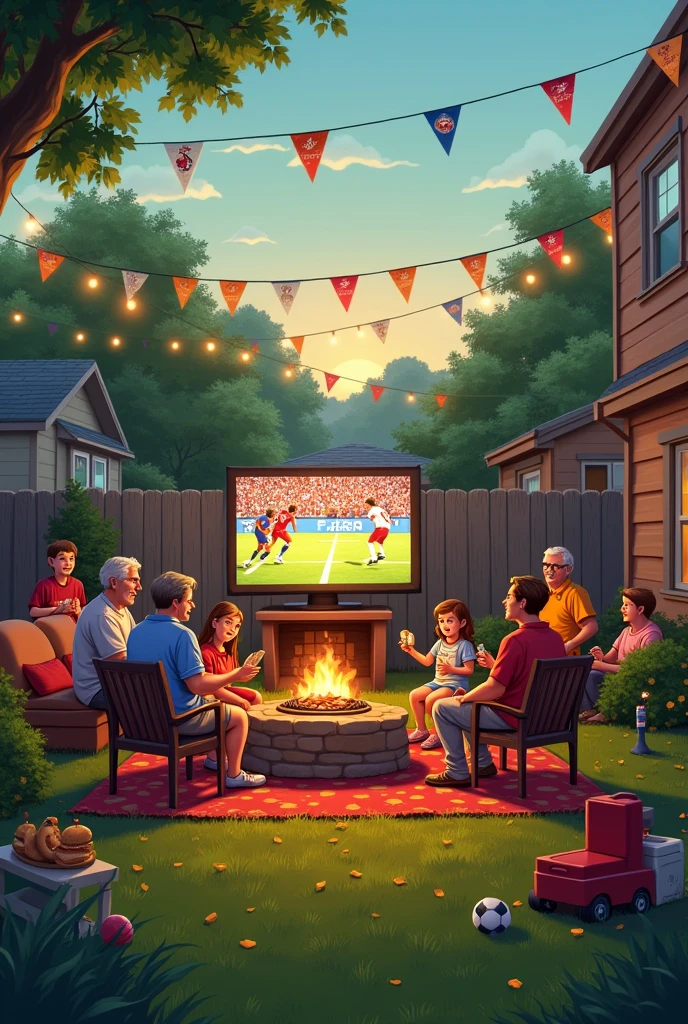 Family barbecue watching football game