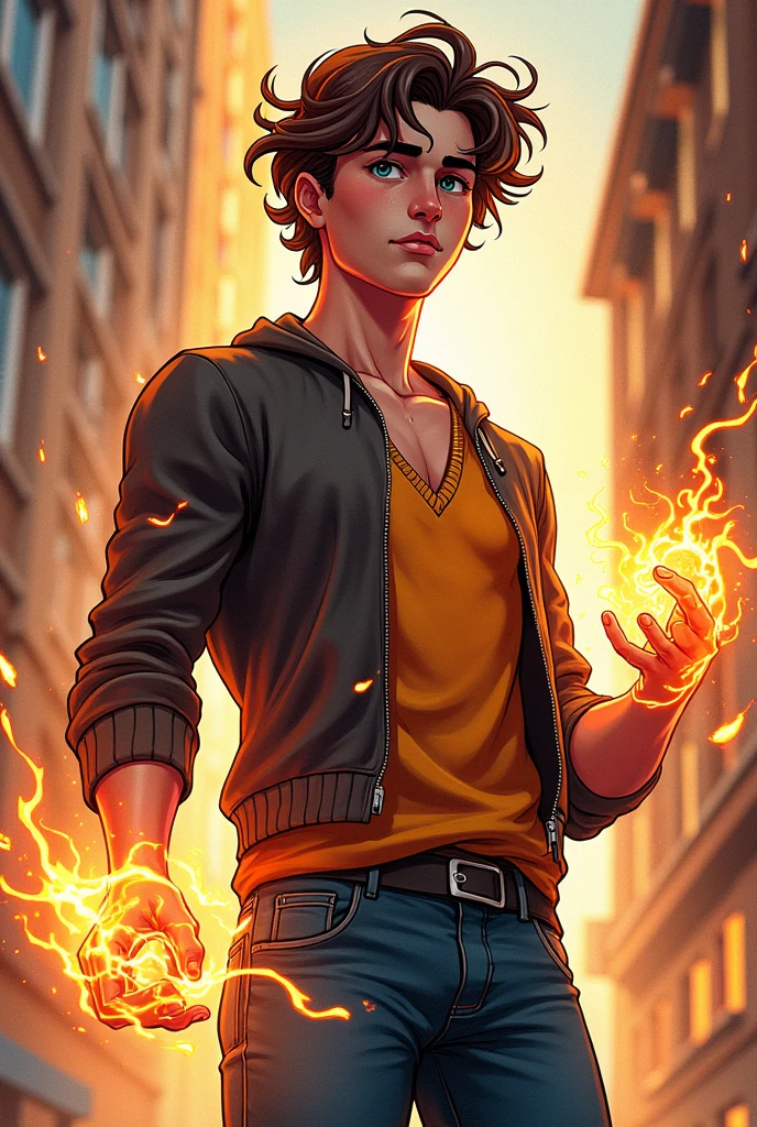 Marvel comic book style character: male character with chaos magic with brown curly hair wearing a sweater and jeans