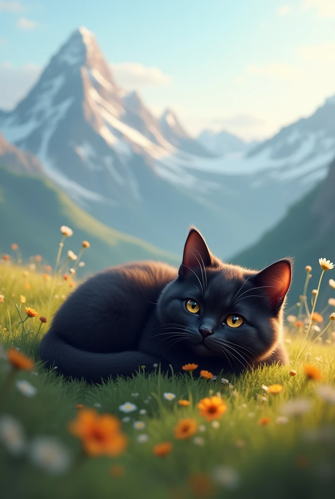 Black cute cat wake up in mountain