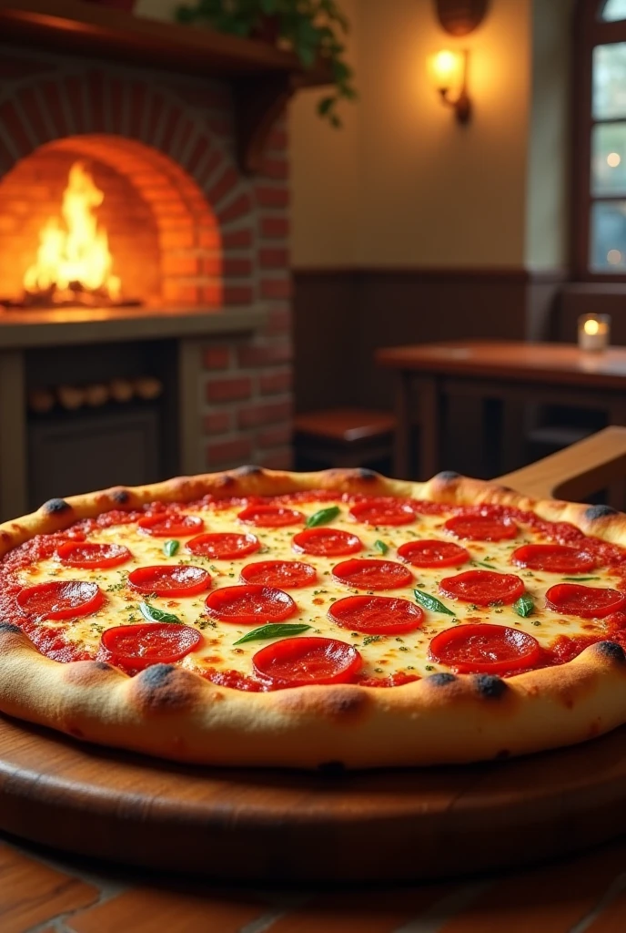"Create an image of a large, realistic Neapolitan-style pizza, with a thin crust and traditional toppings like pepperoni and melted cheese. The pizza should be presented in a warm, inviting pizzeria setting. The background should include elements typical of an Italian pizzeria, such as rustic wooden tables, warm ambient lighting, and perhaps a brick oven or tiled walls. The overall scene should evoke a cozy, authentic atmosphere, highlighting the deliciousness of the pizza and the welcoming environment of the pizzeria."