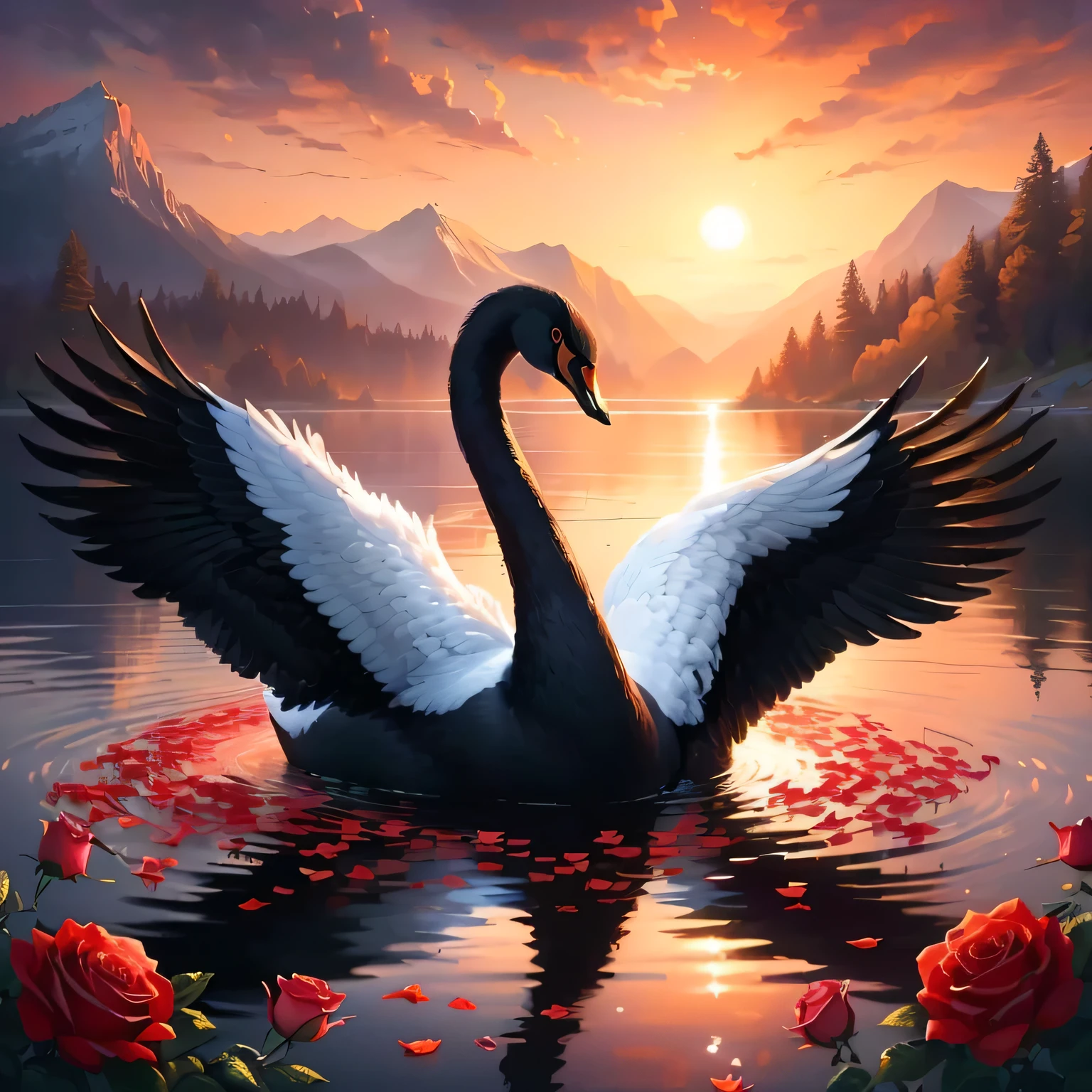 painting of a swan in a lake with roses and a sunset, swan, black swans, Beautiful digital artwork, black swan, Beautiful and graceful, author:Yang J, Beautiful art uhd 4k, Beautiful nature, Beautiful digital art, Sakimi, Elegant Numbers, swanland, High quality artwork, High Detail), Quiet and beautiful, Beautiful art work, Beautiful Art 8K,Film texture,Ultra HD Lossless