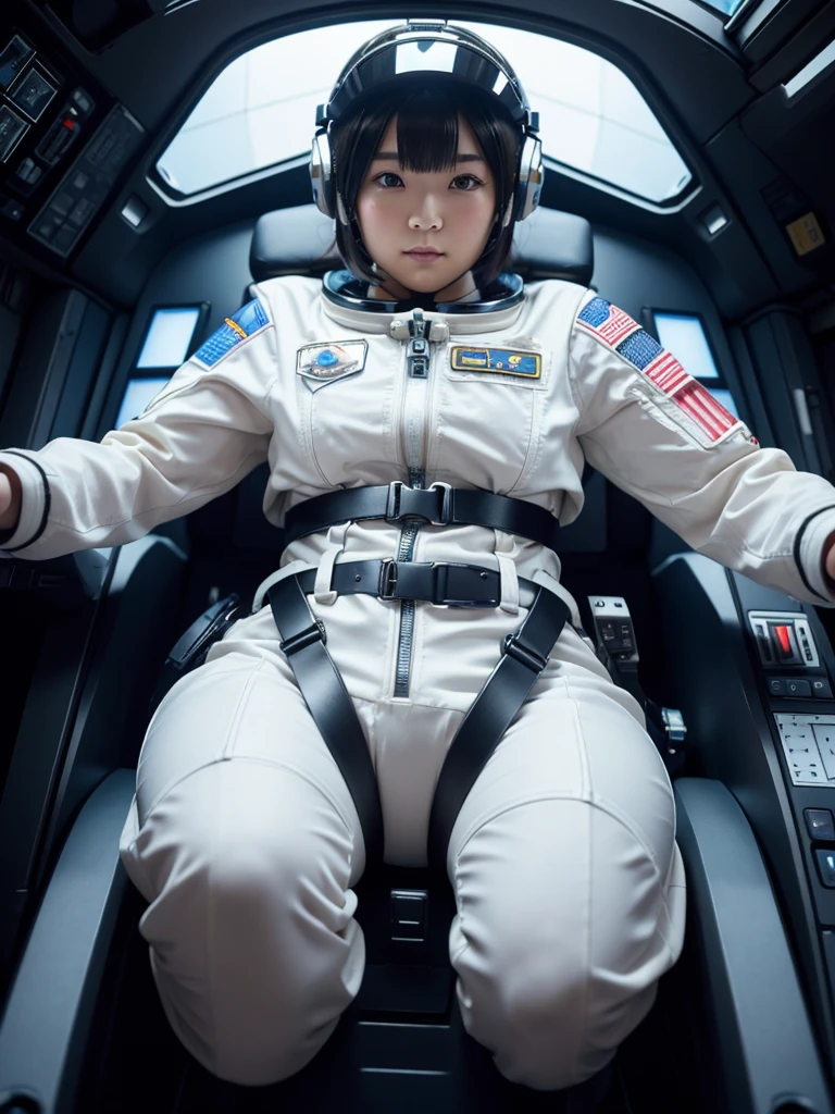 masterpiece, Highest quality, Very detailed, Japanese Android girl, Beautiful 2 Japanese woman, Plump,Thick,Chubby,Control panel,Android,cyborg,Blunt bangs,Sitting in the cockpit of a spaceship and piloting it,The control stick is in the center of the seat.,astronaut,Secured to the seat with a thick harness,Full-face helmet,
