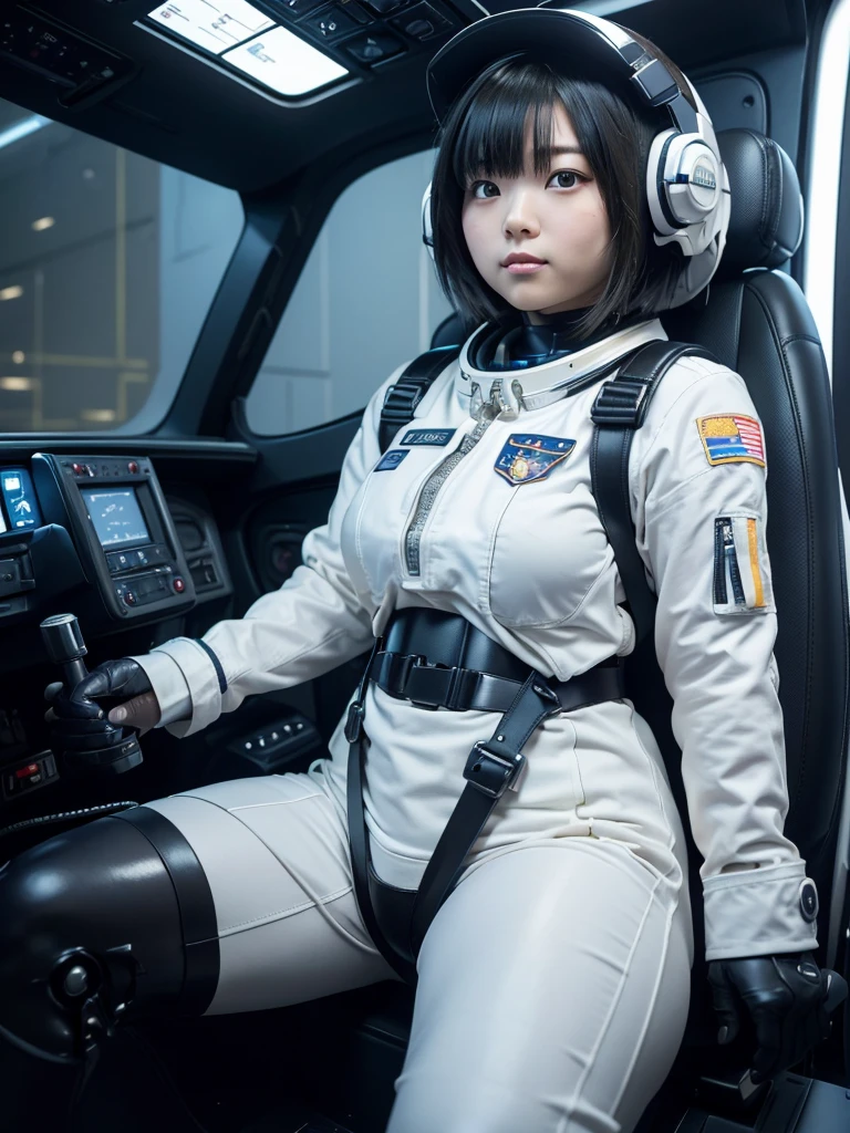masterpiece, Highest quality, Very detailed, Japanese Android girl, Beautiful 2 Japanese woman, Plump,Thick,Chubby,Control panel,Android,cyborg,Blunt bangs,Sitting in the cockpit of a spaceship and piloting it,The control stick is in the center of the seat.,astronaut,Secured to the seat with a thick harness,Full-face helmet,