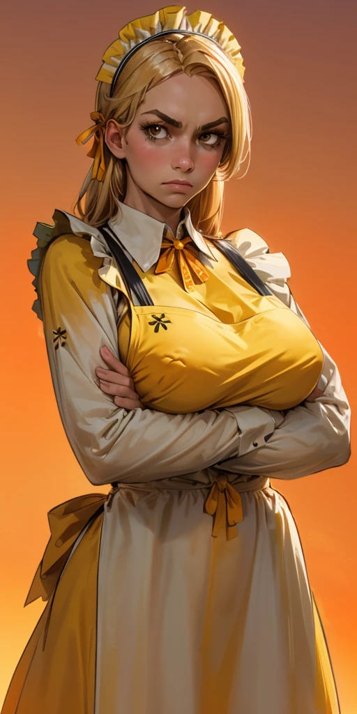 1girl, apron, blonde hair, bow, breast hold, breasts, brooch, closed mouth, crossed arms, dress, dusk, enmaided, evening, frown, ginkgo leaf, gradient, gradient background, long hair, long sleeves, looking at viewer, maid, maid apron, maid headdress, medium breasts, orange background, orange sky, orange theme, ribbon, solo, sunflower, sunset, v-shaped eyebrows, white apron, yellow background, yellow sky, yellow theme