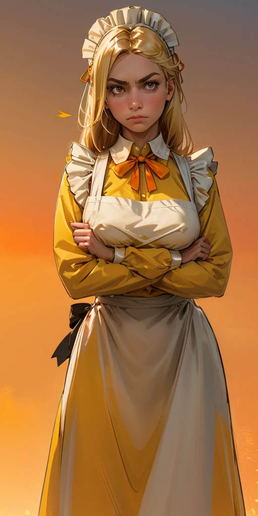 1girl, apron, blonde hair, bow, breast hold, breasts, brooch, closed mouth, crossed arms, dress, dusk, enmaided, evening, frown, ginkgo leaf, gradient, gradient background, long hair, long sleeves, looking at viewer, maid, maid apron, maid headdress, medium breasts, orange background, orange sky, orange theme, ribbon, solo, sunflower, sunset, v-shaped eyebrows, white apron, yellow background, yellow sky, yellow theme