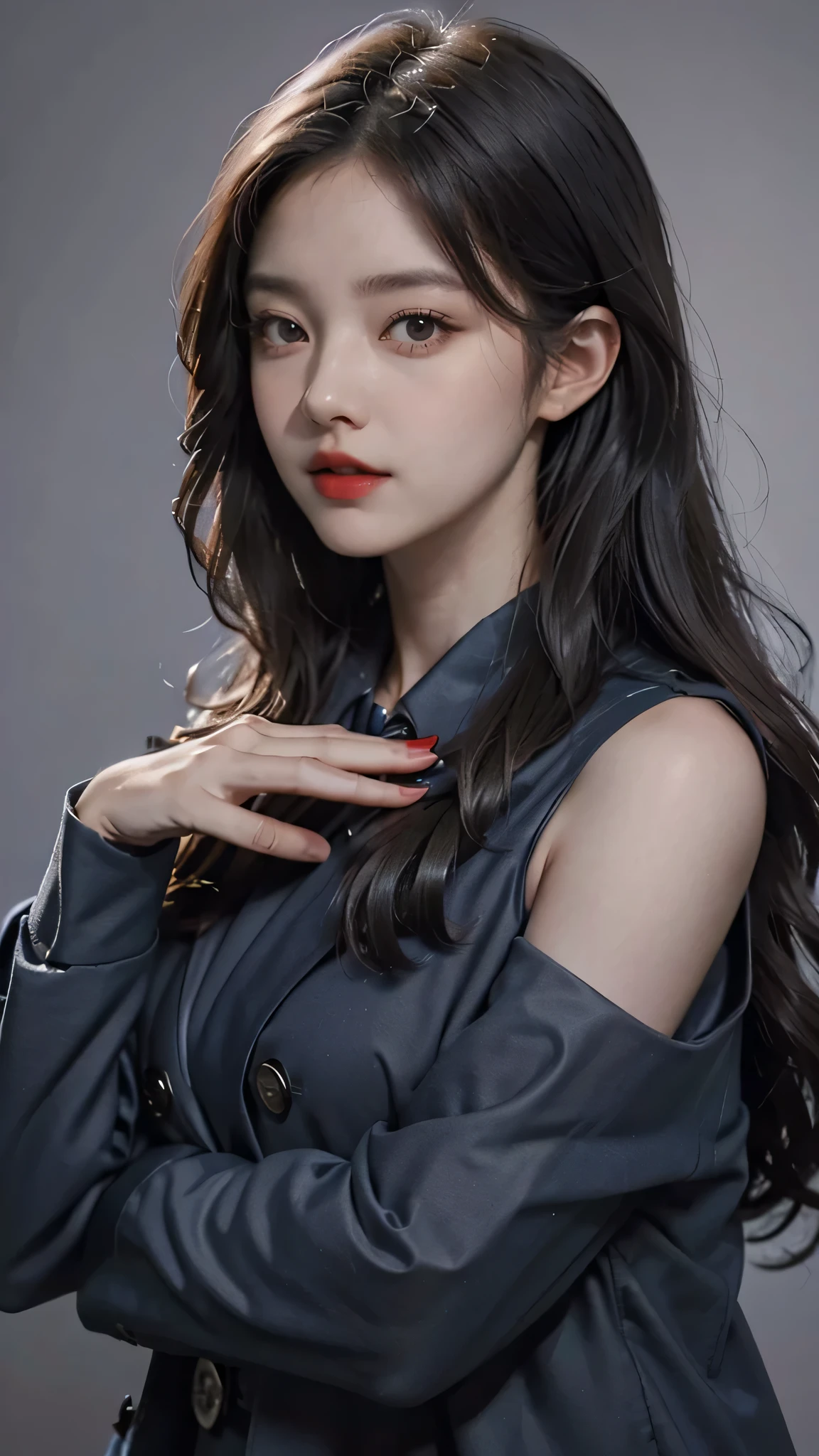 Girl wearing, luxury navy blue coat, shoulder length hair, wavy hair, glowing skin, star in eye, red lips, grey background, cute poses , upper body.