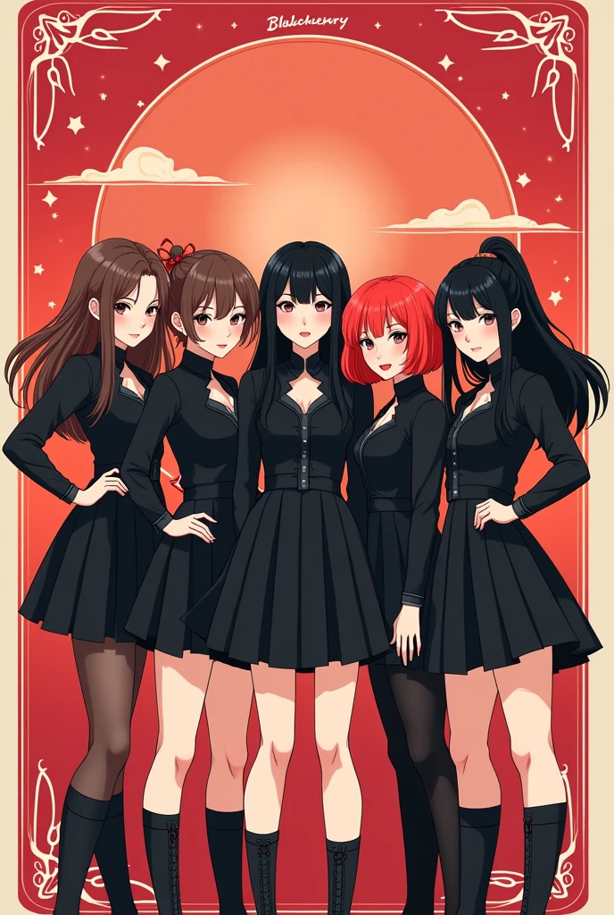 Create an image of a kpop group with five members from the back, one with dark brown hair, another with light brown hair,another redhead,another one with black hair, and another with black hair tied back. The group is called blackcherry, Its concept is black and red cherries and its representative colors are black and red., The group has a retro concept, soft y girl crush ( The image must be animated cartoon and poster style)