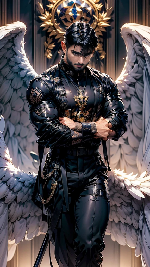 Daegan(1), male_character, detailed_face, no more characters, angel wings (symmetrical style), blue eyes (iris color), small beard, black hair, wearing black techwear jacket and trousers with buckle and tape, ((a crystal necklace)), holding one katana, tattooed, arm pointing sky (body), visual harmony, epic scenery, extremely detailed CG unity 4k wallpaper, best quality, amazing quality, very aesthetic, (ominous shadows:1.1), (flowing robes:1.1), (detailed folds and creases:1.1), (intense purple aura:1.2), (symbols of power surrounding him:1.1), (magical energy radiating:1.2), (spellcasting gestures:1.1), (ethereal particles:1.1), (dynamic pose:1.2), (epic soundtrack:1.2), (sense of awe:1.1), (magical prowess:1.1), over power, power up, sphere, extreme, focused.