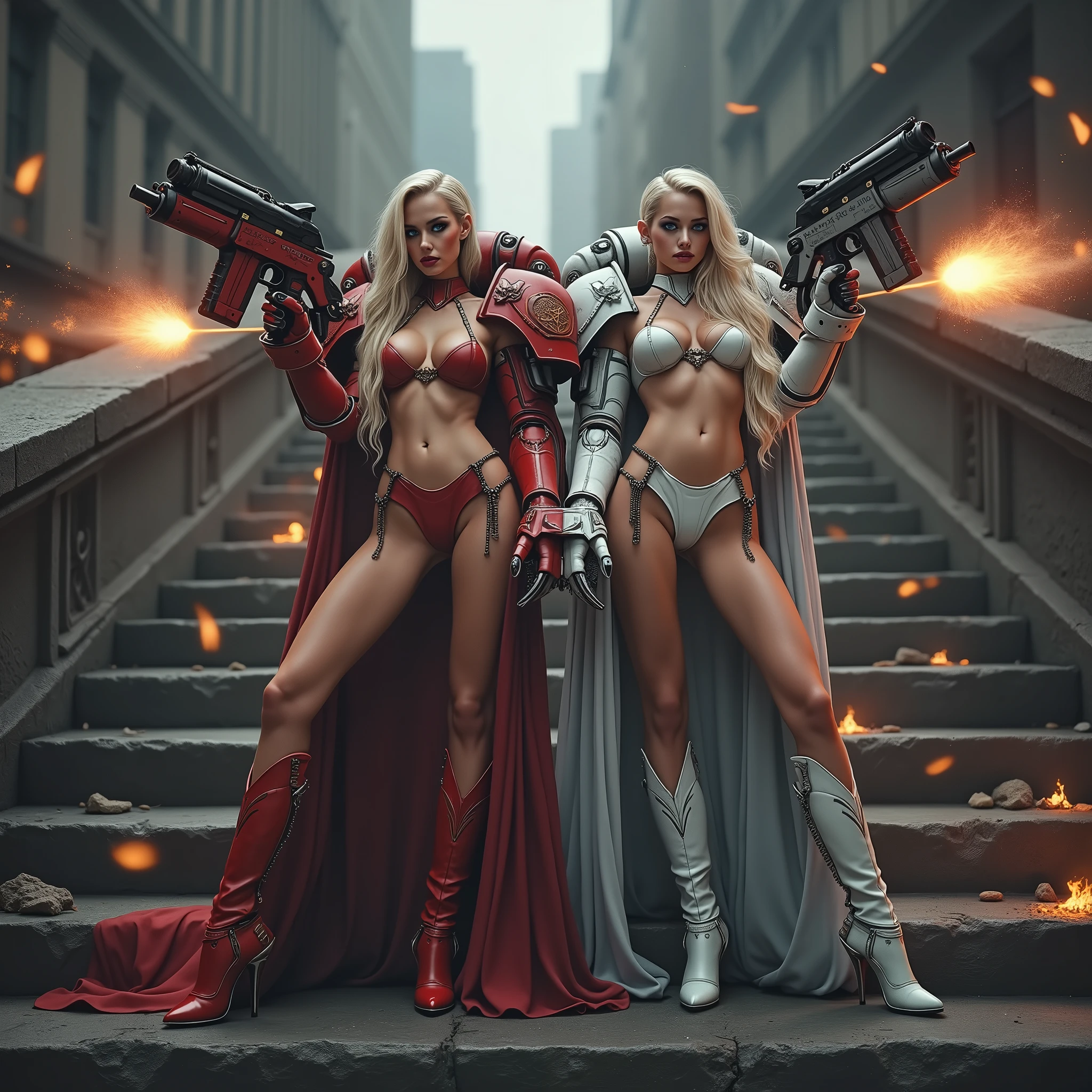 2 white woman、Hair is blonde、Eye color is blue、Longhaire、Slender but well-proportioned muscular body、My abs are cracked、I can see the belly button、naked, nude, naked bare breast, bald pussy, shaved pussy, temptation, eat your soul, seduction, inviting you to her cave, I'm wearing pin heels、I'm on the stone steps in the city、a smileFull body pose sexy sisters of battle from the warhammer 40k, wounded in war, blood covered, shooting at the enemy, red space marine armor with intricate details, white space marine armor with intricate details, symbols on the armor, sisters of battle, warhammer 40k, Massive exposed silicone breast, pale skin, seductive, temptation, eat your soul, clevage, long white flowing hair, long black flowing hair with purple highlights, heavy gothic makeup, at night, neon, beautiful detailed eyes, beautiful detailed lips, extremely detailed eyes and face, long eyelashes, highly detailed space marine armor, intricate futuristic laser weaponry, dramatic lighting, cinematic composition, muted color palette, gritty and realistic, mecha, science fiction, hyper-detailed, photorealistic, award winning digital art, 8k, HDR, masters work, in the middle of a battle field, explosions and fire around, full war, stunning, cinematic, shooting at the enemy