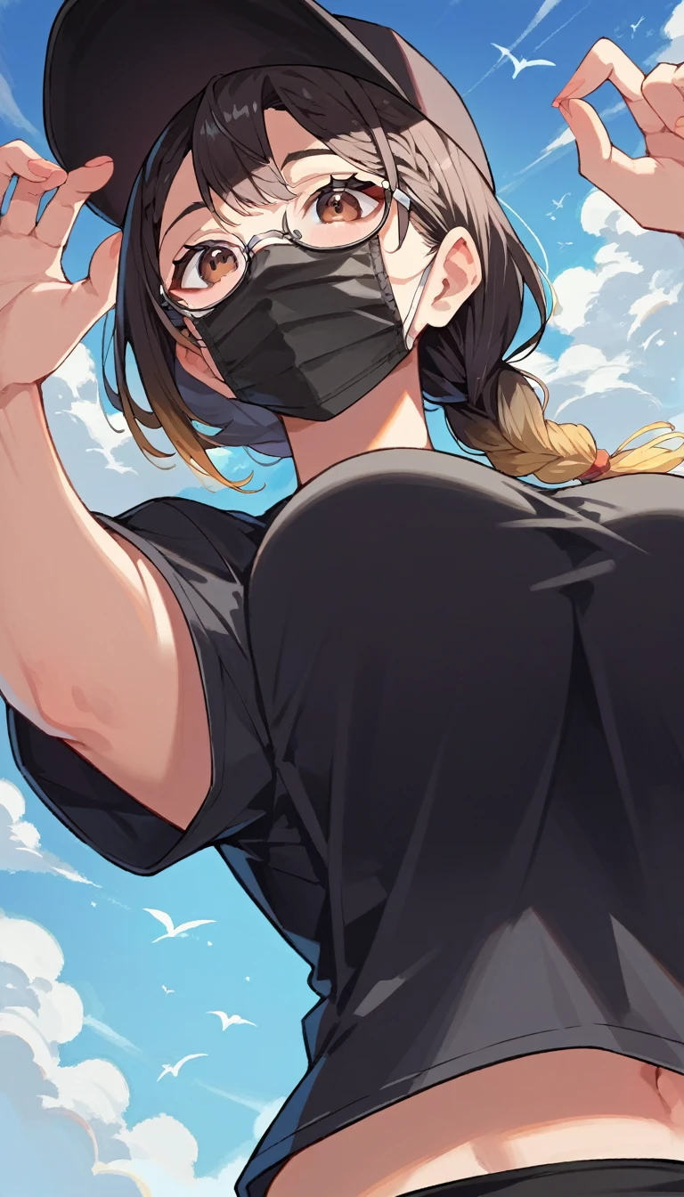 score_9, score_8_up, score_7_up, source_anime, rating_safe, 1girl, upper body, brown eyes, under-rim glasses, black baseball cap, mouth mask, Shooting from below, shirt, wearing black tshirt, Wearing black pants, large breasts, braid, gradient hair, black hair, in street backgrounds,