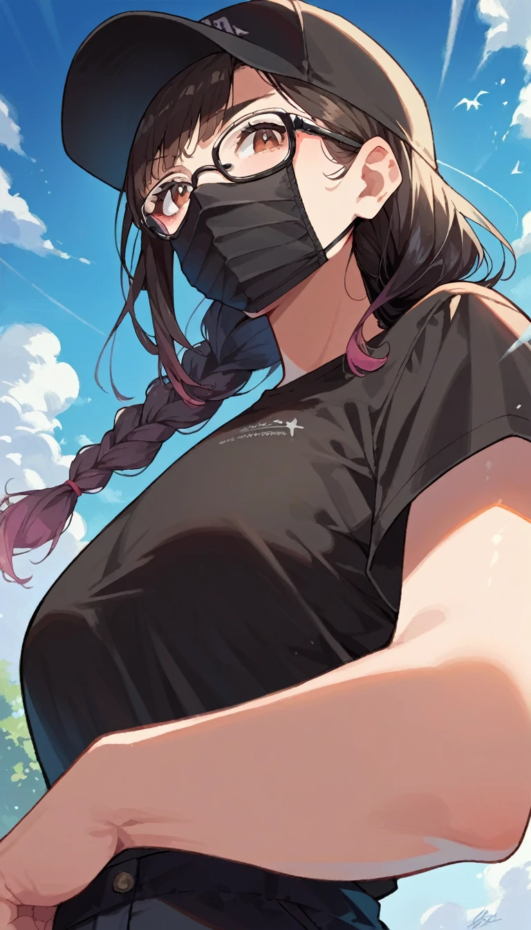 score_9, score_8_up, score_7_up, source_anime, rating_safe, 1girl, upper body, brown eyes, under-rim glasses, black baseball cap, mouth mask, Shooting from below, shirt, wearing black tshirt, Wearing black pants, large breasts, braid, gradient hair, black hair, in street backgrounds,