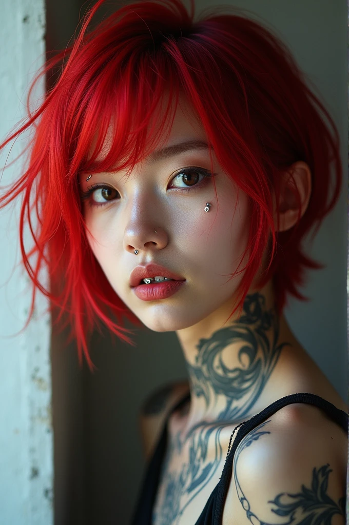 A Korean with red hair, Also tattoos and piercings on the lip and eyebrow