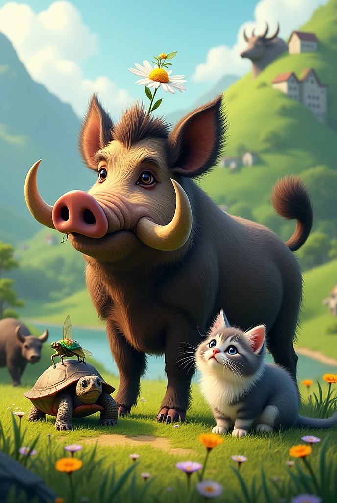 A wild boar with a daisy flower, with a cicada, next to a turtle, a buffalo and a gray and white kitten with a furry tail. In the background a green mountain with small flowers and lots of grass 
