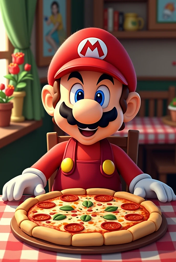 Mario eating a pizza