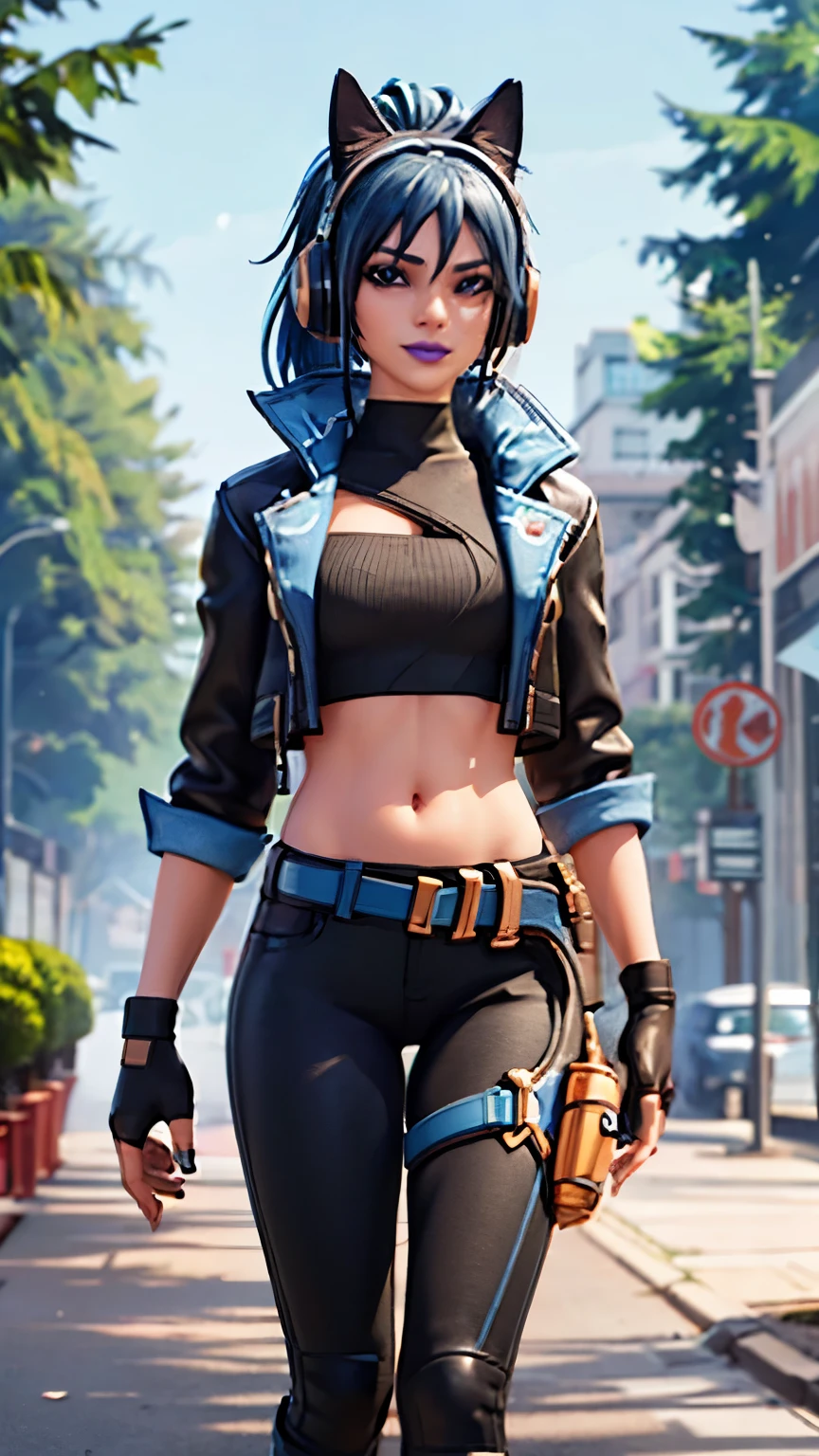 Forest background, 1girl, solo, HeroicHopeFN, Heroic Hope from fortnite, (crop top, black top, open clothes), (jacket crop top, black jacket, blue loose, jacket loose), fingerless gloves, black pants, blue belt, blue hair, ponytail, blue eyes, headphones, cat ears headphones, holster, holster spray cans, purple lips, lipsticks, smirk, looking at viewer,