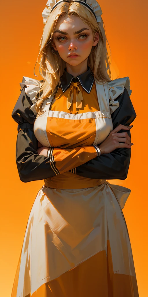 1girl, apron, blonde hair, bow, breast hold, breasts, brooch, closed mouth, crossed arms, dress, dusk, enmaided, evening, frown, ginkgo leaf, gradient, gradient background, long hair, long sleeves, looking at viewer, maid, maid apron, maid headdress, medium breasts, orange background, orange sky, orange theme, ribbon, solo, sunflower, sunset, v-shaped eyebrows, white apron, yellow background, yellow sky, yellow theme