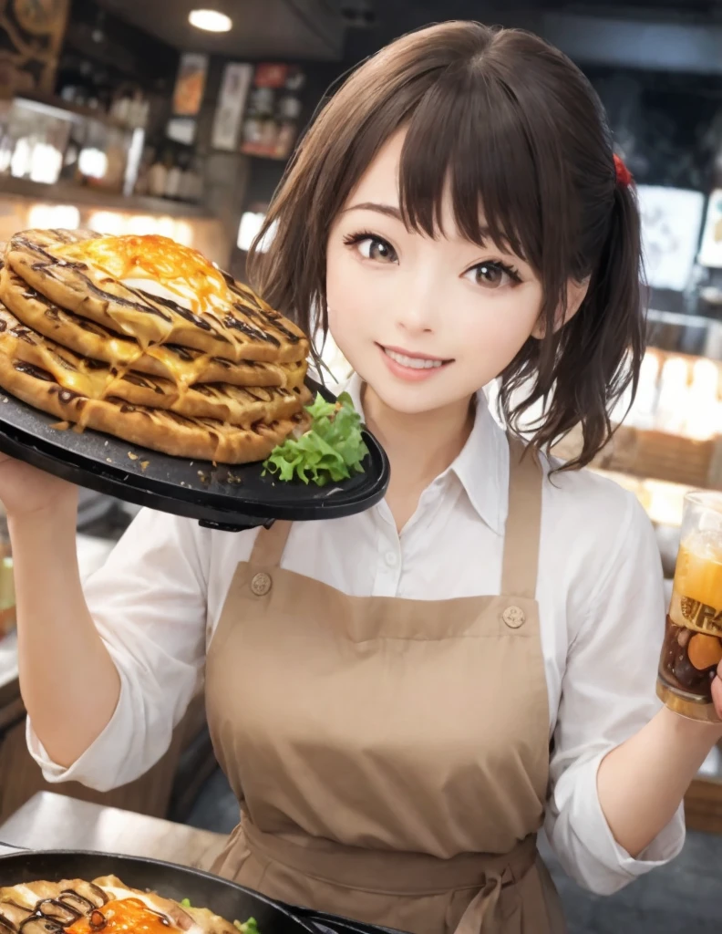 A waitress, serving a pizza,  HD, realistic 