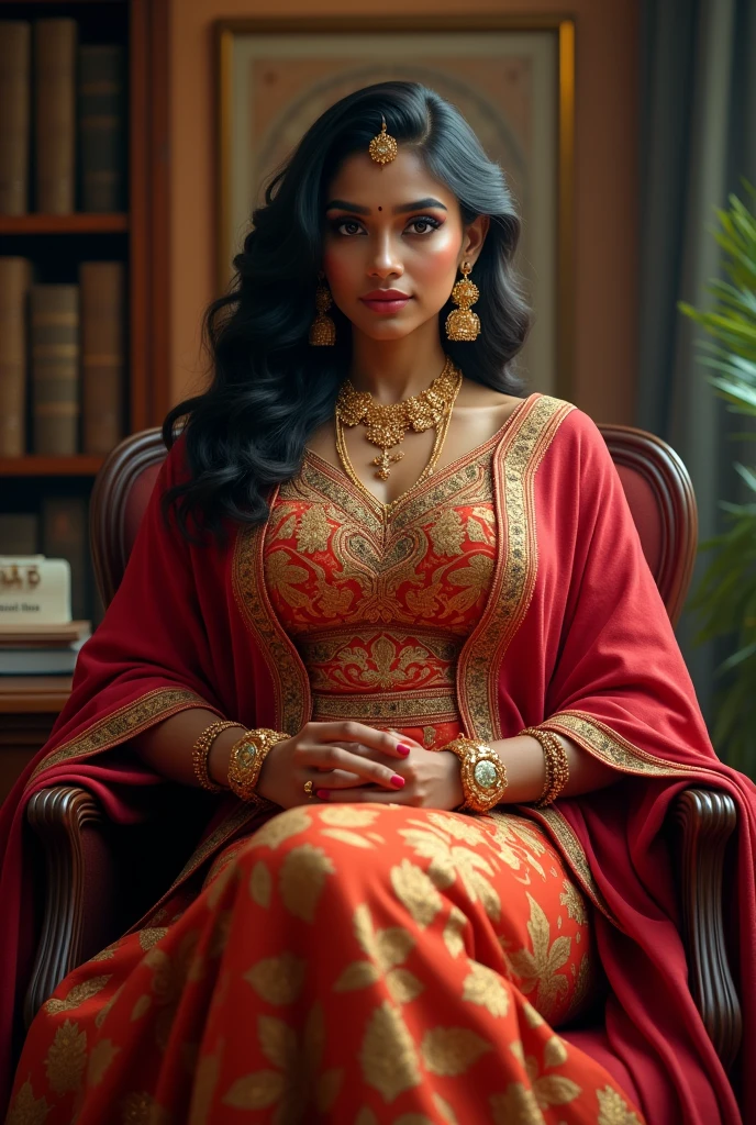 6 ft big breasted average beautiful sri lanakan wealthy age 25 girl in maharani dress. Wearing Academic regalia.well educated.sit in chair massive big boobs, big butt ,slim stomach realistic