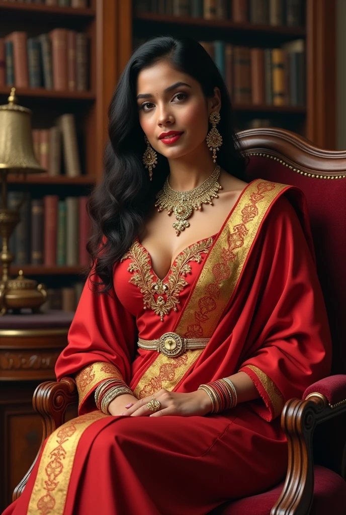 6 ft big breasted average beautiful sri lanakan wealthy age 25 girl in maharani dress. Wearing Academic regalia.well educated.sit in chair massive big boobs, big butt ,slim stomach realistic