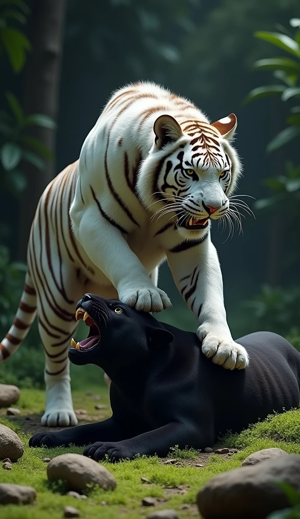 "An intense wildlife scene of a fierce white tiger standing victoriously over a defeated black panther. The white tiger has bold stripes and a snarling expression, with its front paw placed firmly on the body of the black panther. The setting is a lush, green forest floor covered with soft moss and scattered stones, giving a natural and wild atmosphere. The background fades into a shadowy area with dark green leaves and trees."
